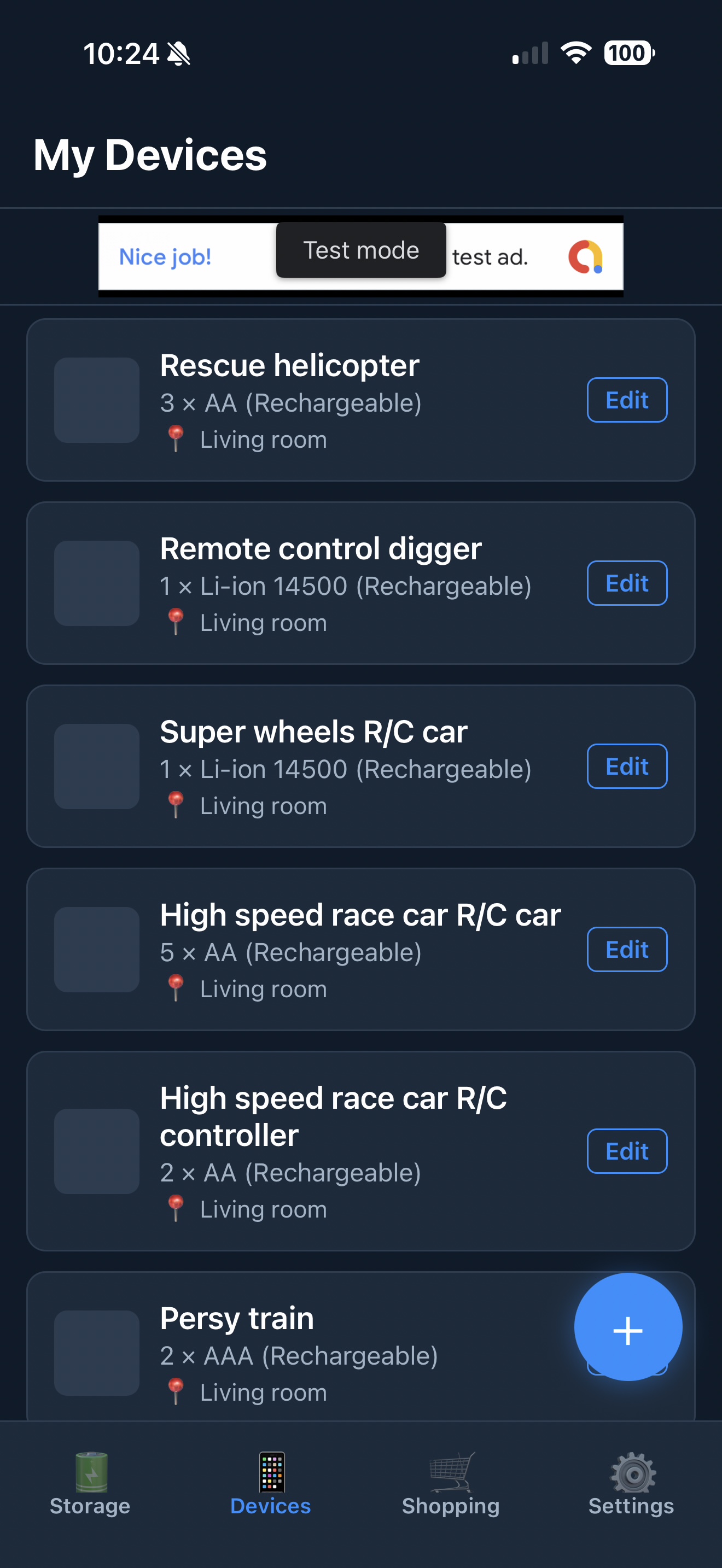 Where's My Battery? app showing the Devices screen with a list of household items and their battery types