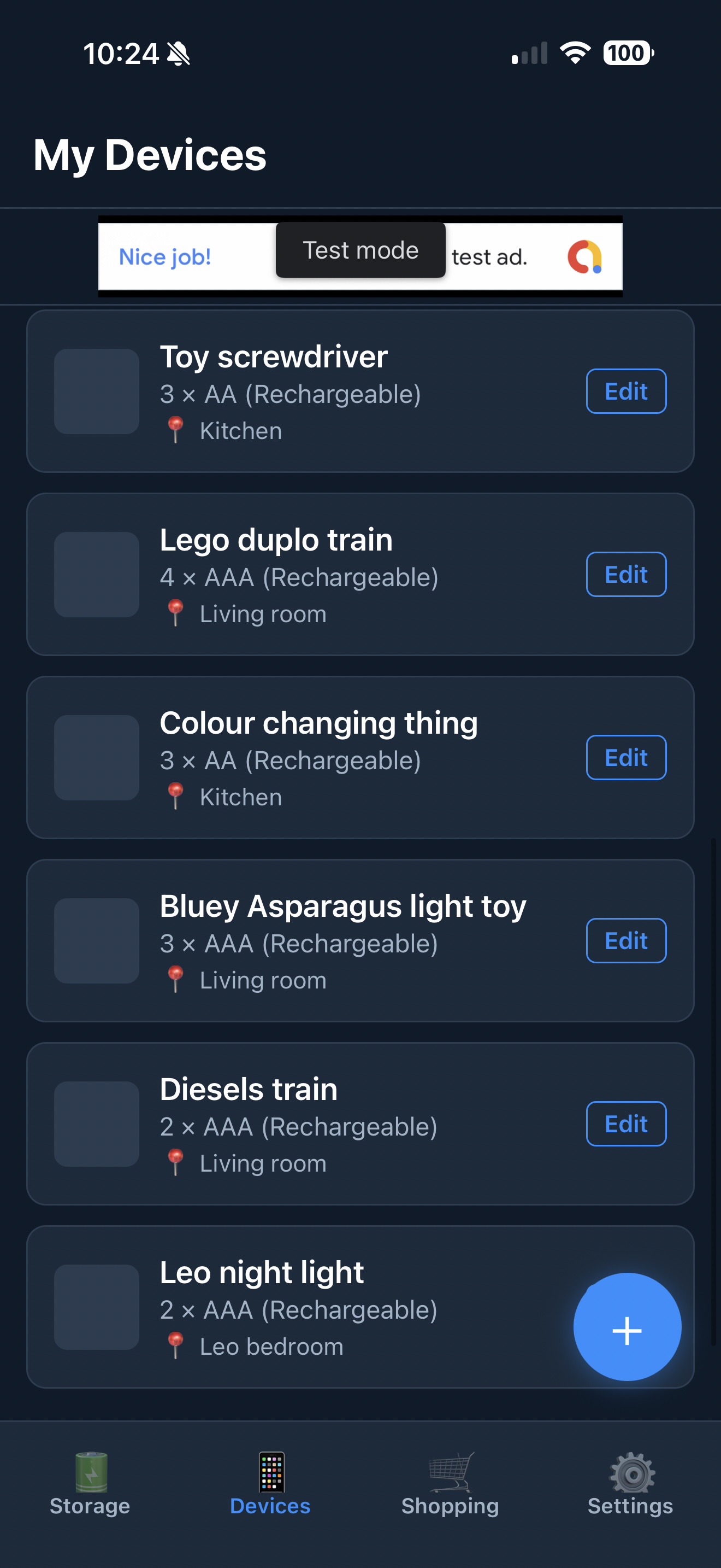 My Devices screen showing toy screwdriver, Lego duplo train and other household items