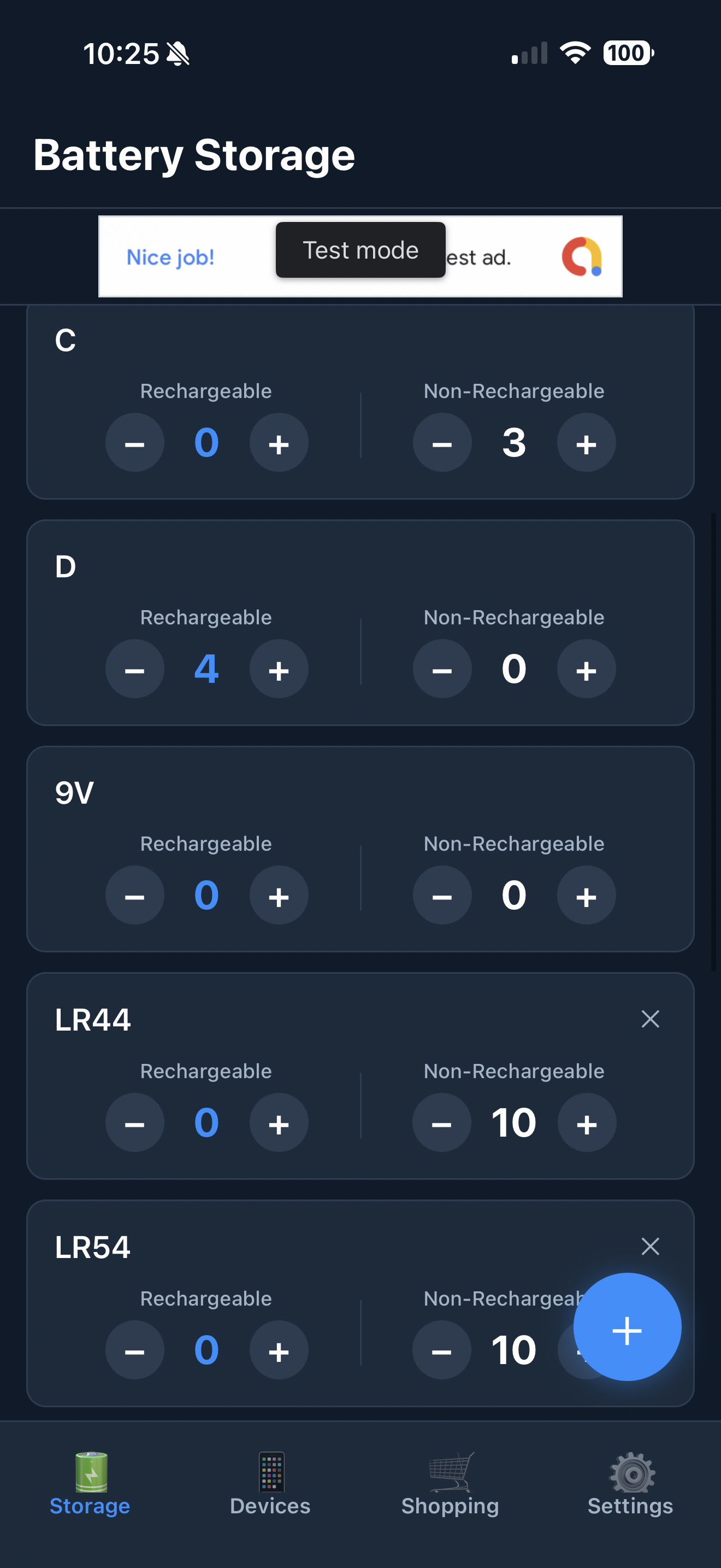 Battery Storage screen showing C, D, 9V, LR44 and LR54 battery types