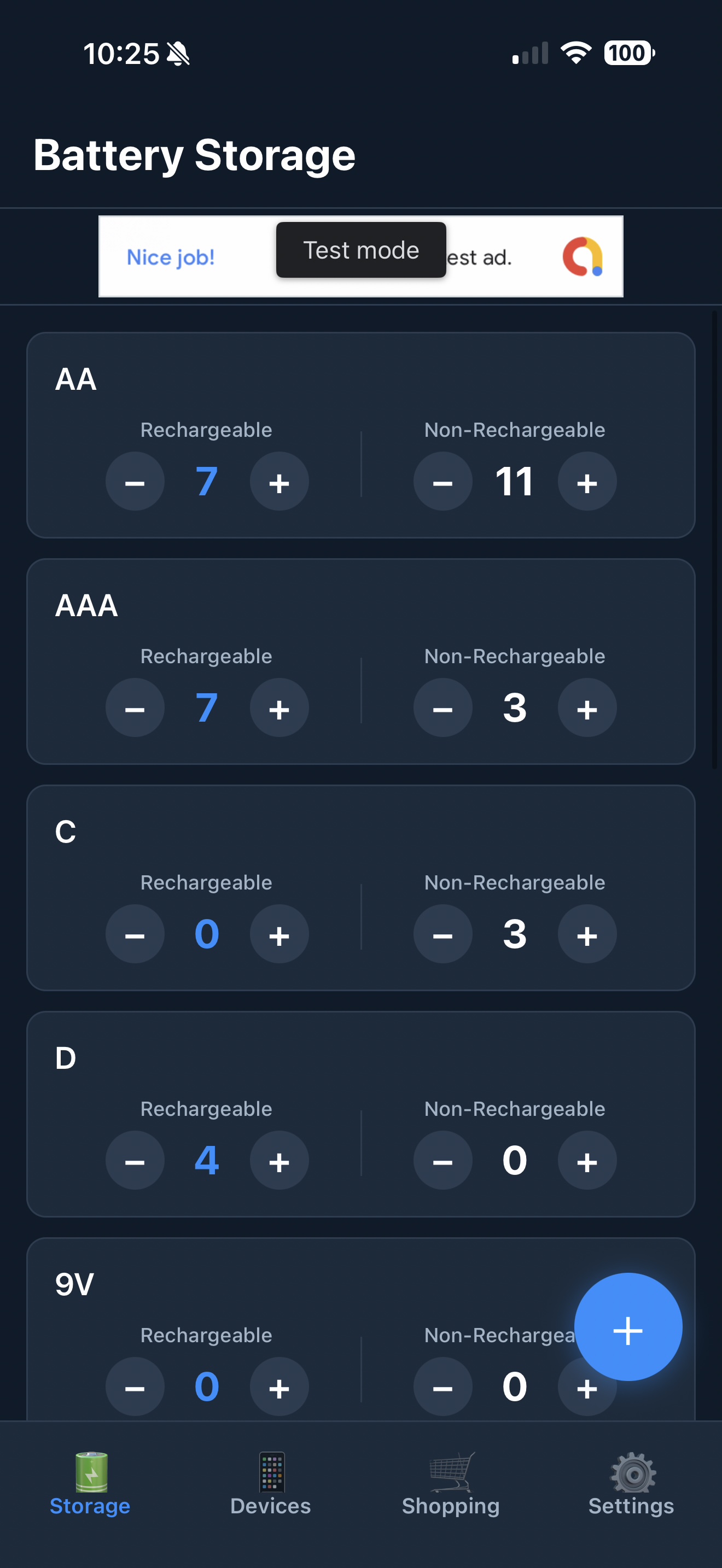 Battery Storage screen showing AA, AAA, C and D battery counts